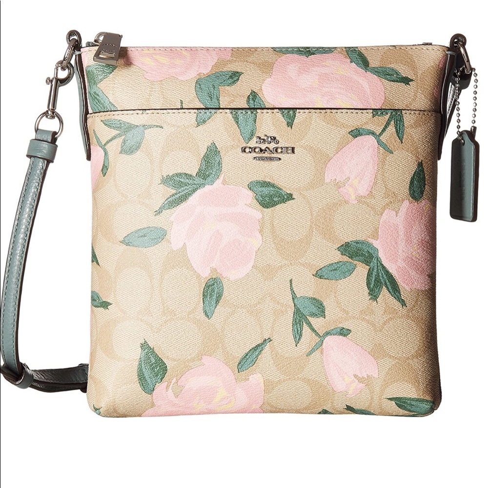 COACH Beige Monogram Pink Floral Leather Crossbody Messenger Bag